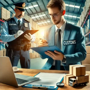 Two customs officers reviewing documents in a warehouse, one in uniform holding a clipboard and the other in a suit with a laptop and packages on a table.