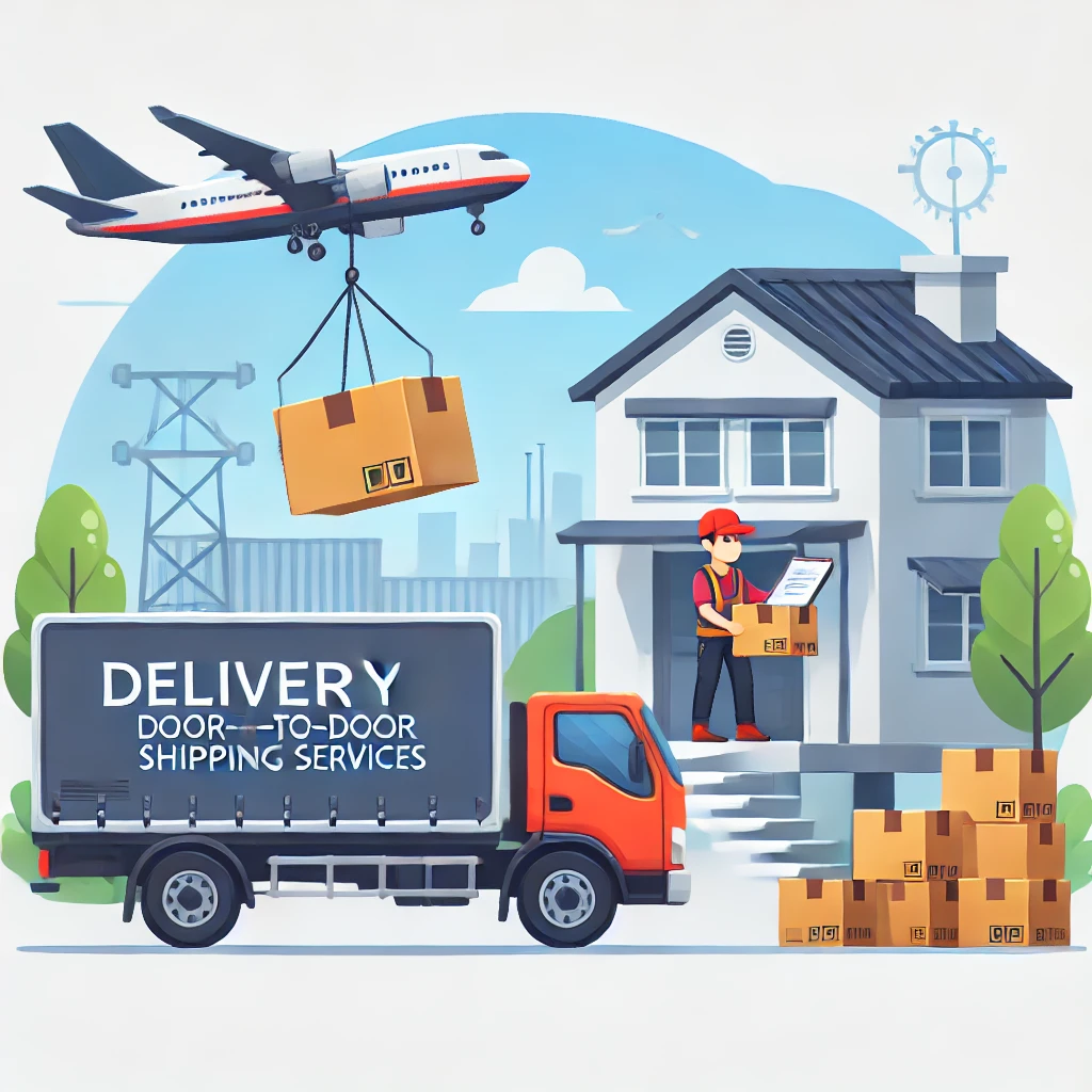 Delivery truck and worker delivering packages to a house, with an airplane overhead carrying a package.