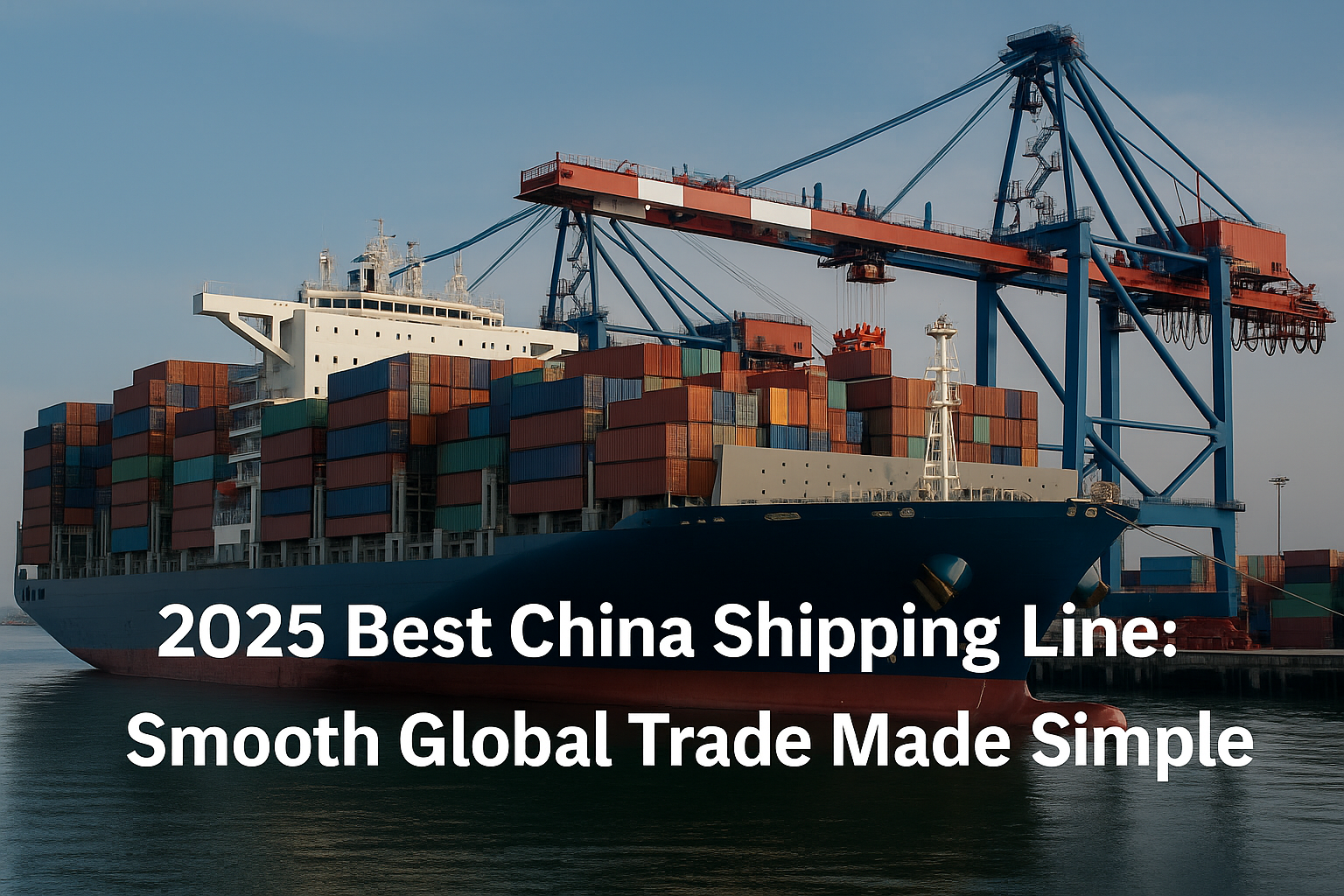 Realistic photo of a China shipping line vessel at port, with cranes loading containers for global trade.