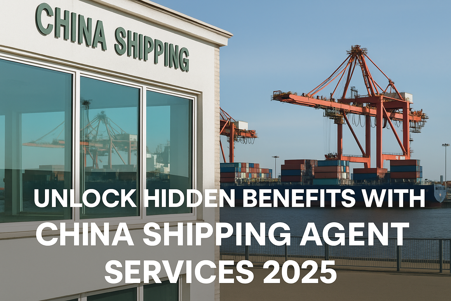 China shipping agent office with port cranes and containers in background, 2025.