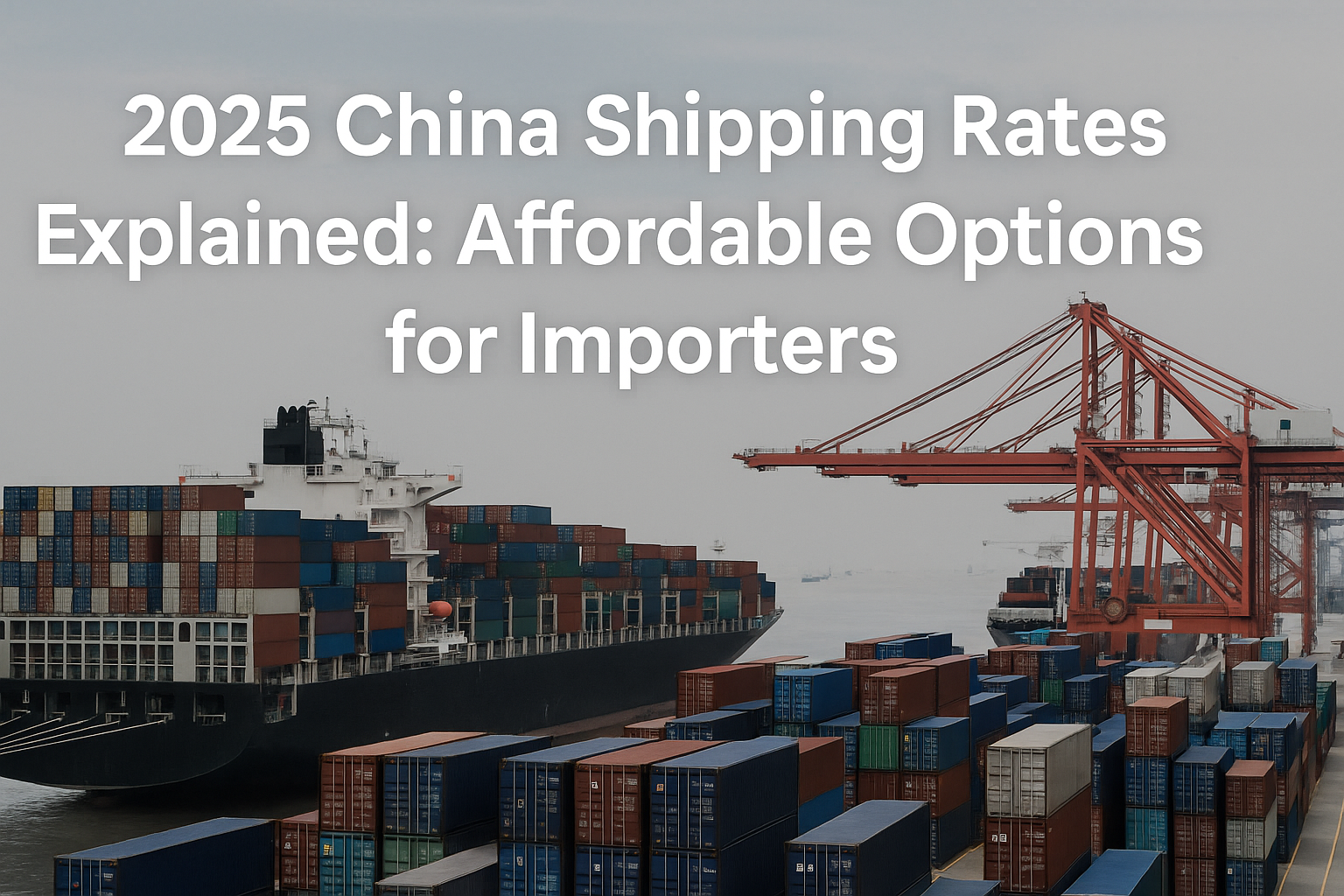 Realistic photo of a busy Chinese port with container ships, showing global freight rates in 2025.