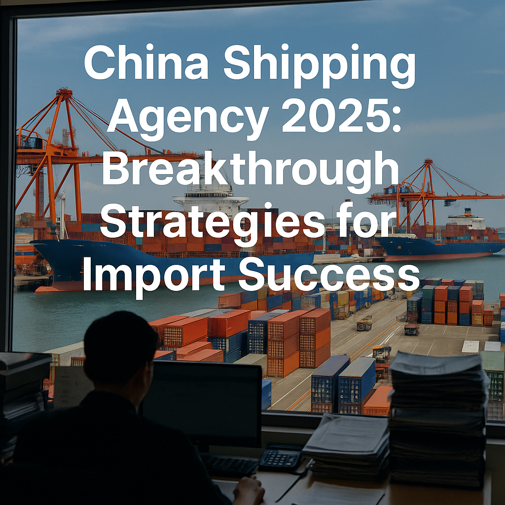 China shipping agency office managing cargo operations with container port in background, 2025
