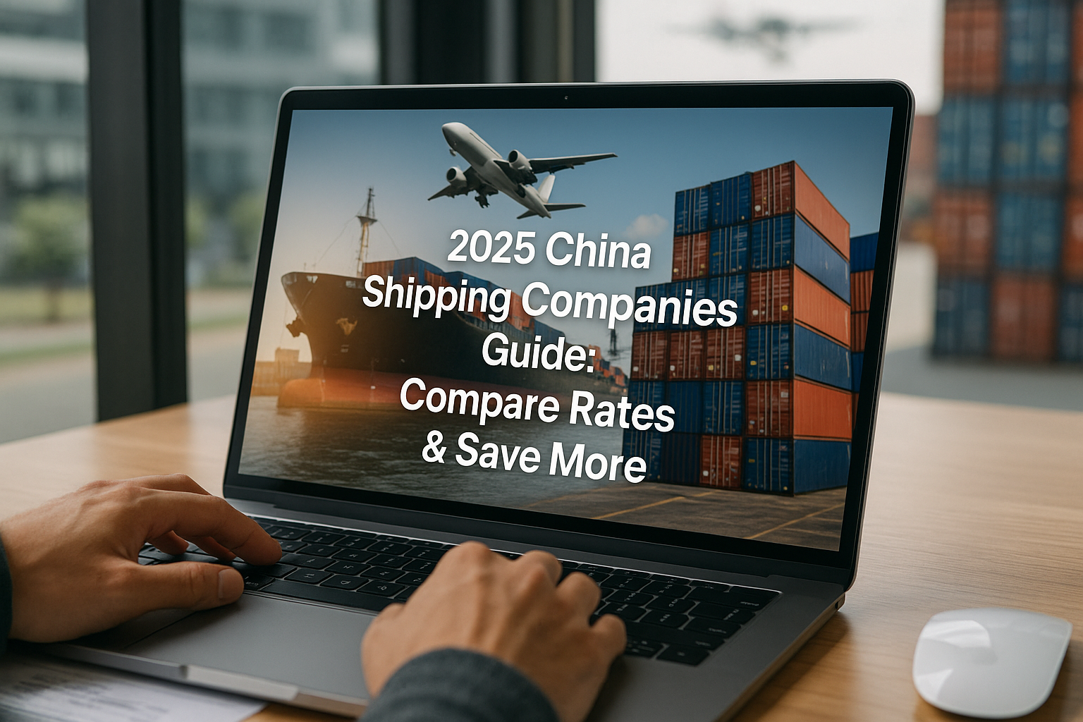 Professional photo of China shipping companies managing global logistics with cargo ships, planes, and containers