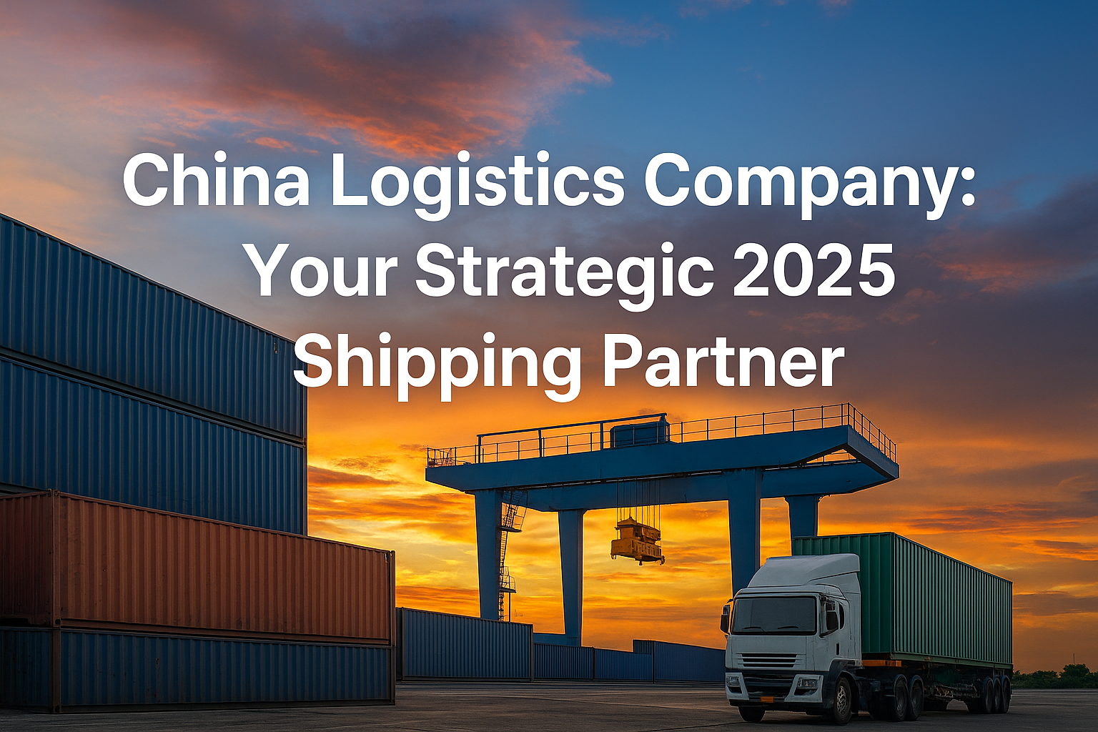 China logistics company port with cargo containers, cranes, and container ship at sunset