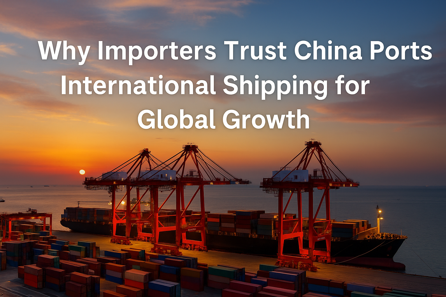 China ports international shipping with container ships, cranes, and stacked containers at sunset in Shanghai port.