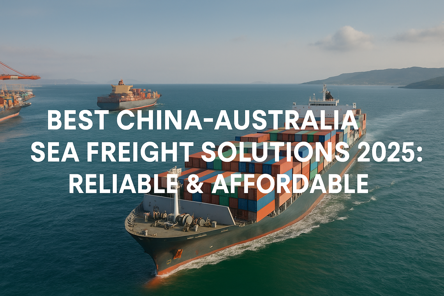 Realistic photo of container ships sailing from China to Australia, with cranes and stacked containers.