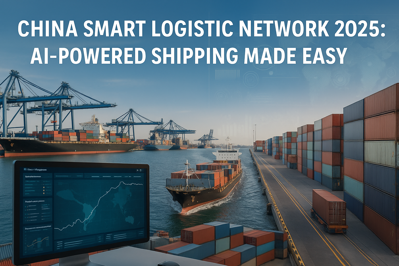 Realistic photo of AI-powered logistics network in China, showing cargo ships, digital tracking screens, and automated warehouses.