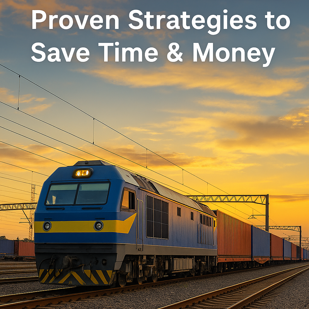 China rail freight train leaving a Chinese terminal with colorful shipping containers at sunset.