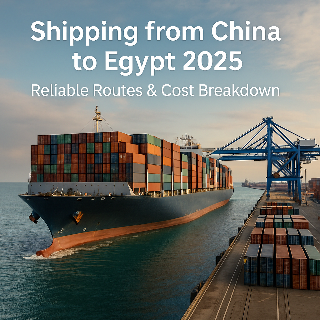 Realistic photo of a cargo ship departing China en route to Egypt with stacked containers and cranes.