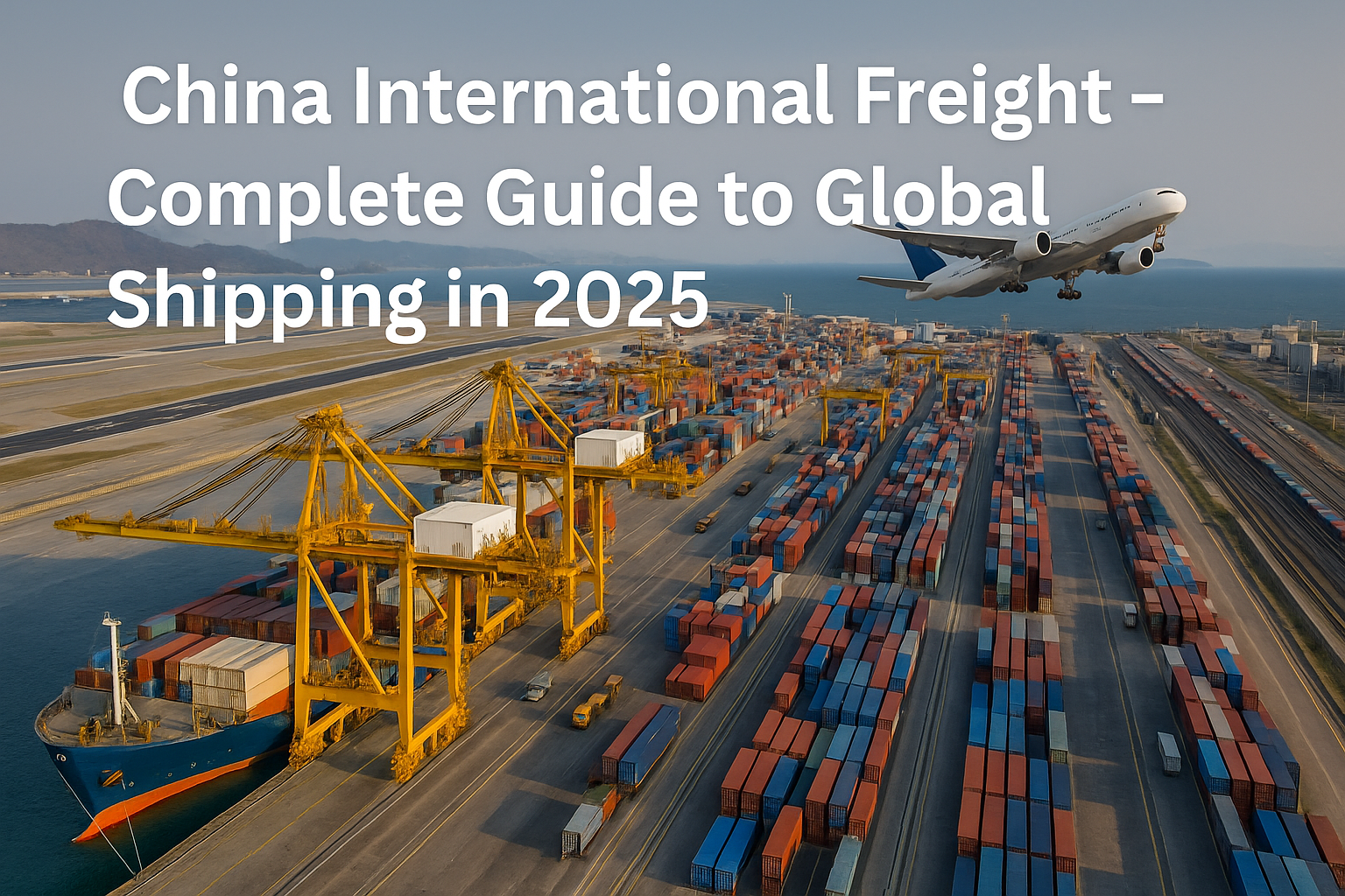 China international freight with cargo ship, airplane, trucks, and trains showing global logistics