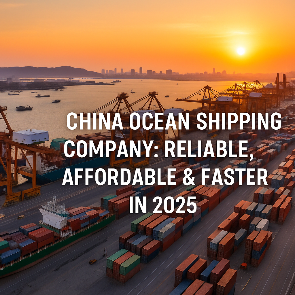 China ocean shipping company port with container ships and cranes.