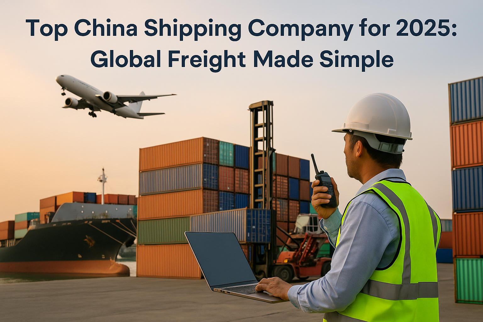 Logistics professional at a shipping port with cargo containers, a cargo ship, and an airplane, symbolizing a top China shipping company in 2025.
