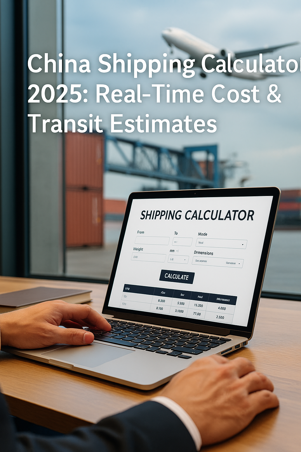 Realistic photo of a laptop showing the China Shipping Calculator 2025 with cost and transit estimates, set against a shipping yard background.