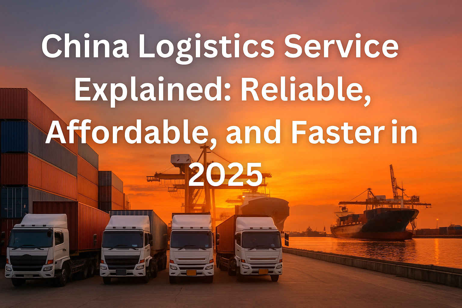 China logistics service with cargo containers, trucks, and ships at sunset.