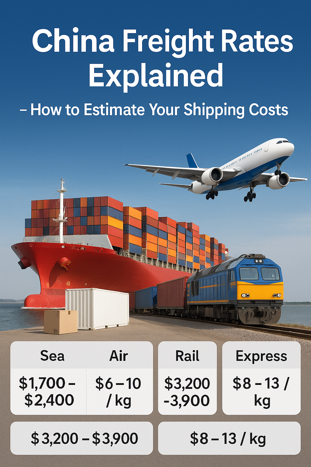 China freight rates comparison showing sea, air, rail, and express options with costs