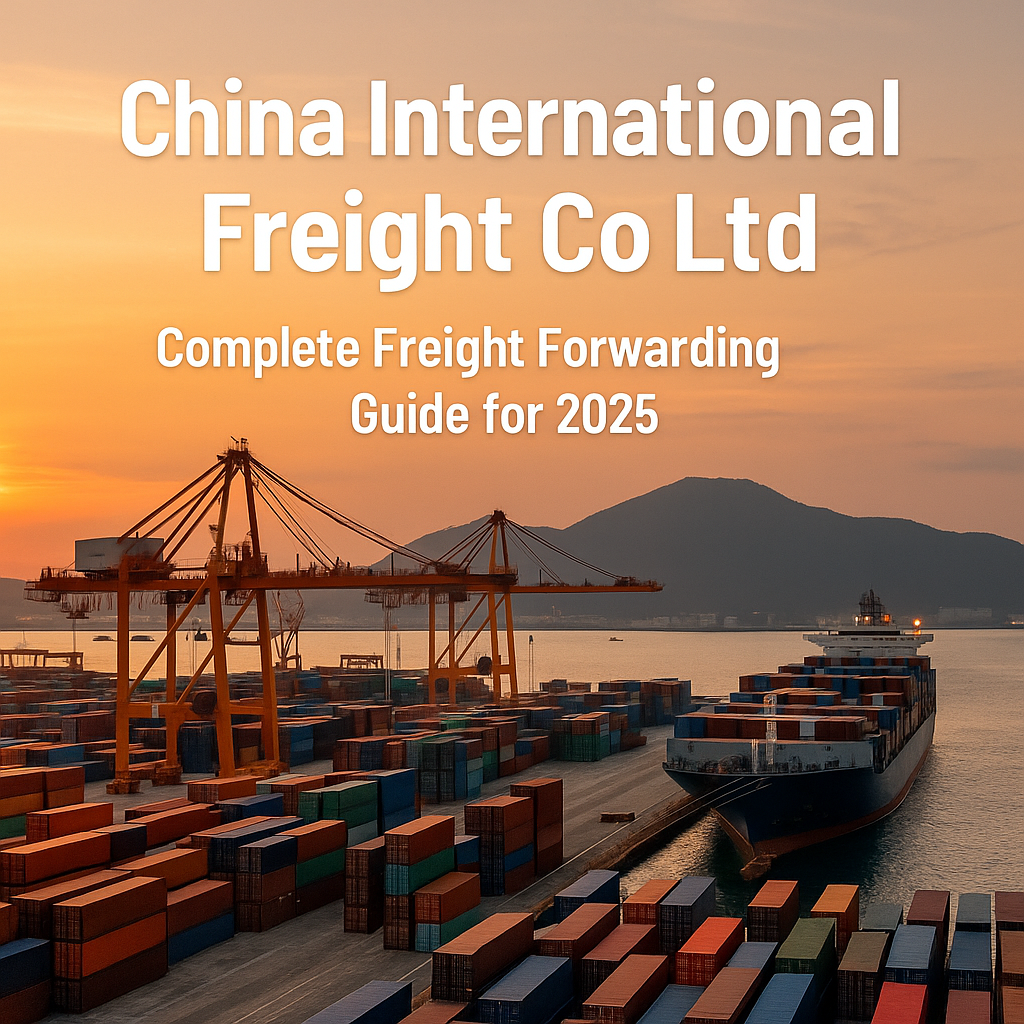 China International Freight Co Ltd cargo ships at Chinese port with containers and cranes at sunset