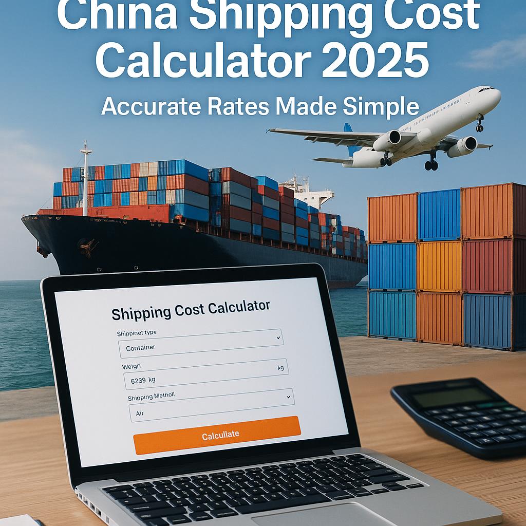 Laptop showing China shipping cost calculator with a cargo ship, airplane, and containers in the background, symbolizing accurate freight planning.