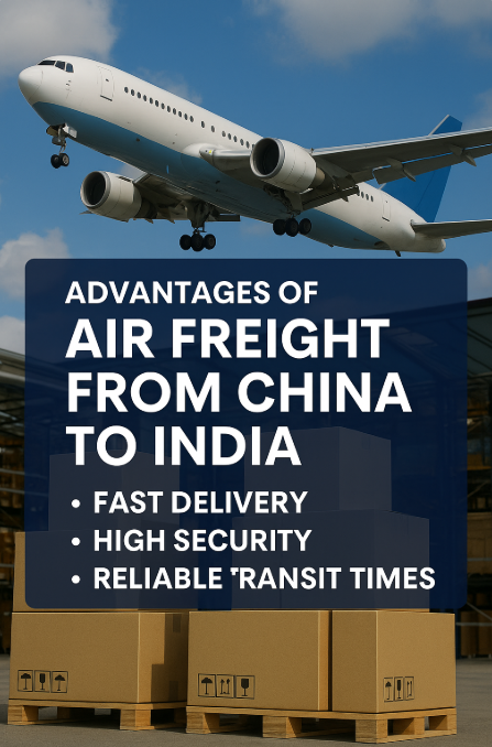 Step-by-step infographic of the air freight process from China to India including booking, customs clearance, flight, and final delivery
