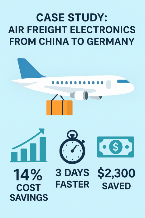Infographic showing China to Germany air freight case study with airplane icon, 14% cost savings, 3 days faster delivery, and $2,300 saved.