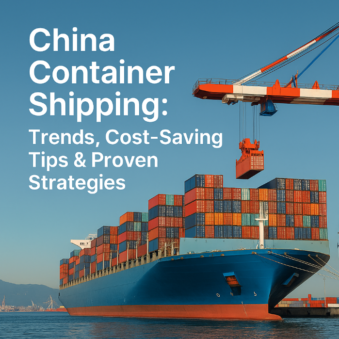 Large blue container ship being loaded at a Chinese port with colorful stacked containers and cranes, representing China container shipping services in 2025.