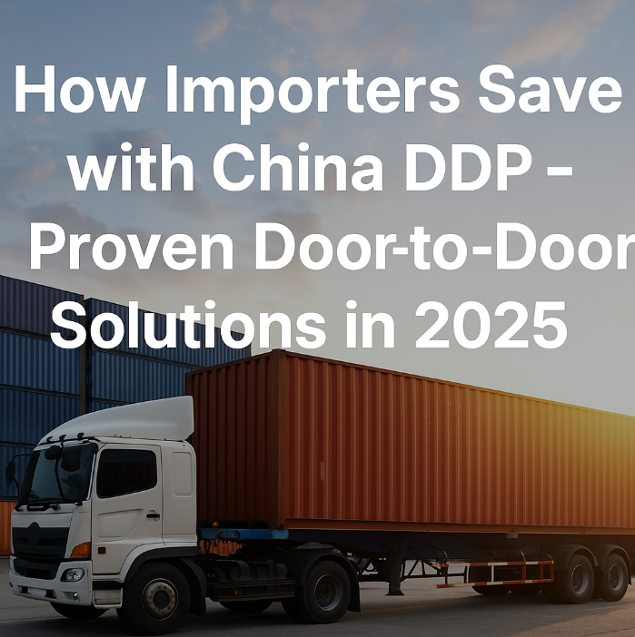 Cargo containers being loaded at a Chinese port with cranes, alongside a delivery truck leaving for final delivery, symbolizing China DDP door-to-door service in 2025.