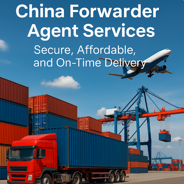 China forwarder agent services with cargo ship, airplane, and truck at a busy logistics hub