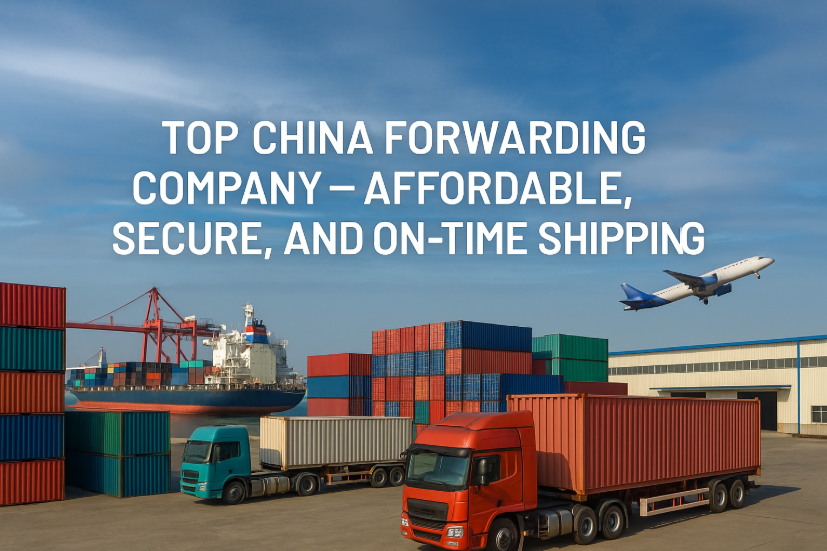 Realistic China forwarding company logistics hub with cargo ship, trucks, containers, and airplane