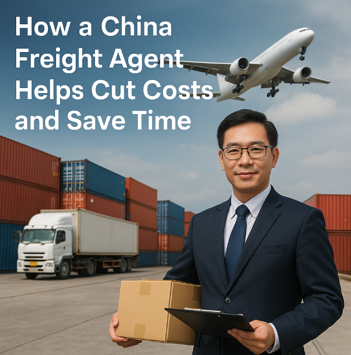 China freight agent coordinating shipments with cargo ship, airplane, trucks, and containers