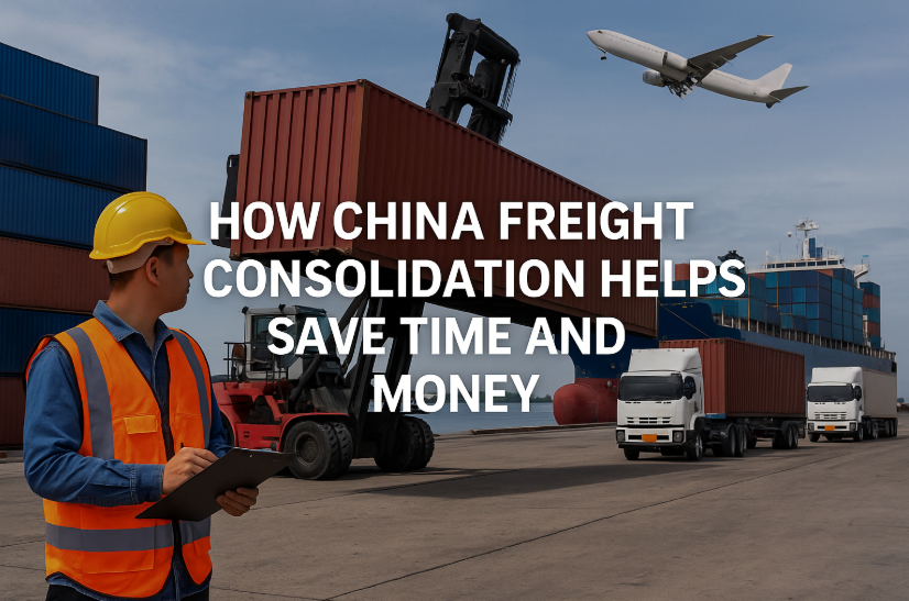 China freight consolidation at a busy port with ship, trucks, and airplane