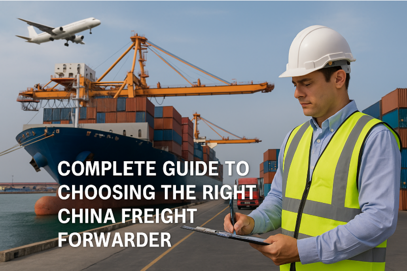 China freight forwarder managing cargo at a busy port with ship, containers, trucks, and airplane