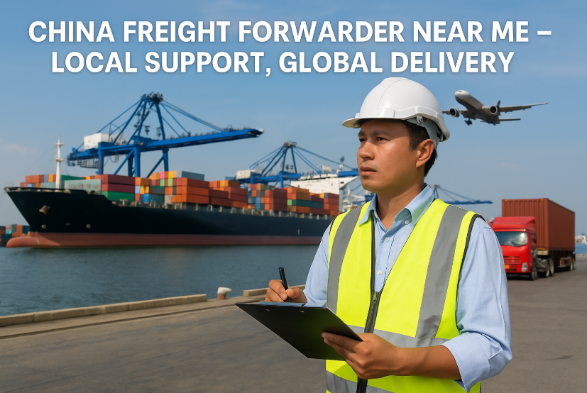 Logistics professional at a China port with cargo ship, containers, trucks, and airplane