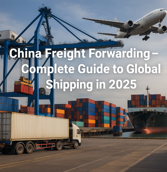 Realistic China freight forwarding hub with cargo ship, airplane, trucks, and stacked containers