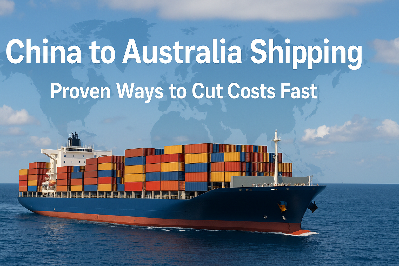 Realistic photo of a large container ship sailing with colorful containers across the ocean, symbolizing China to Australia shipping.
