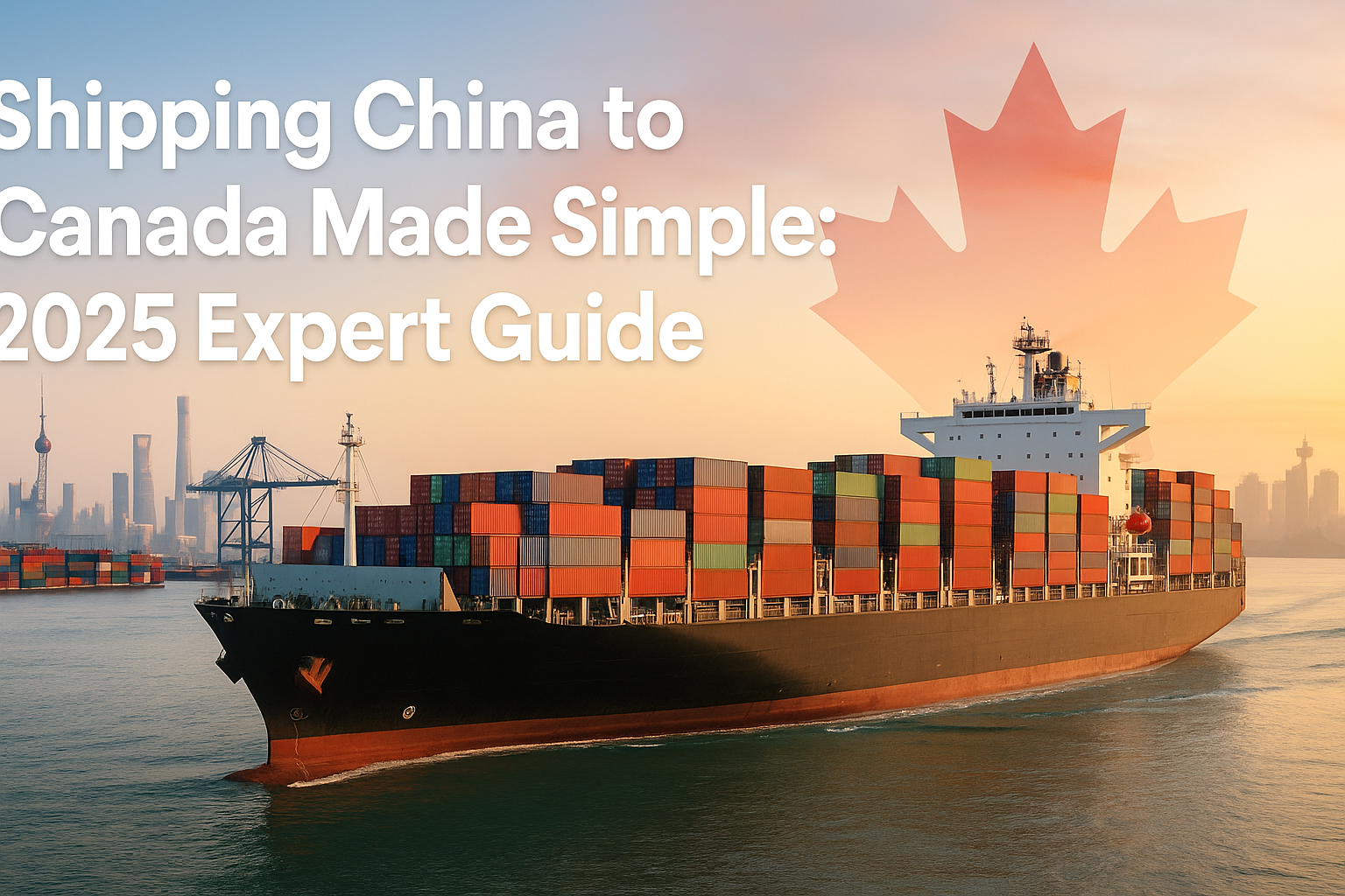 Container ship sailing from China toward Canada with port cranes and maple leaf motif; title text reads “Shipping China to Canada Made Simple: 2025 Expert Guide”