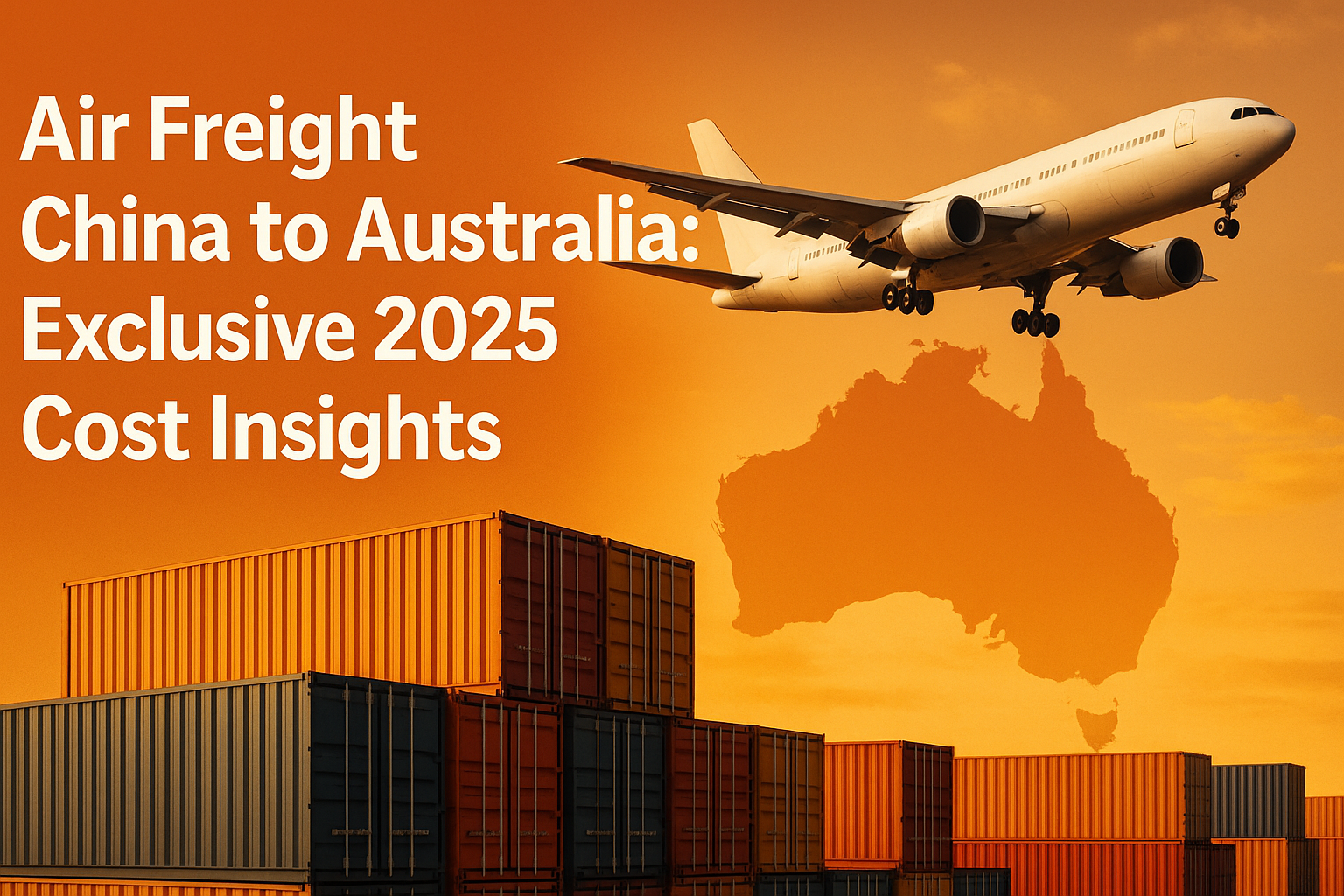 Realistic hero image of air freight China to Australia, showing cargo plane above stacked containers with Australia map silhouette in background.