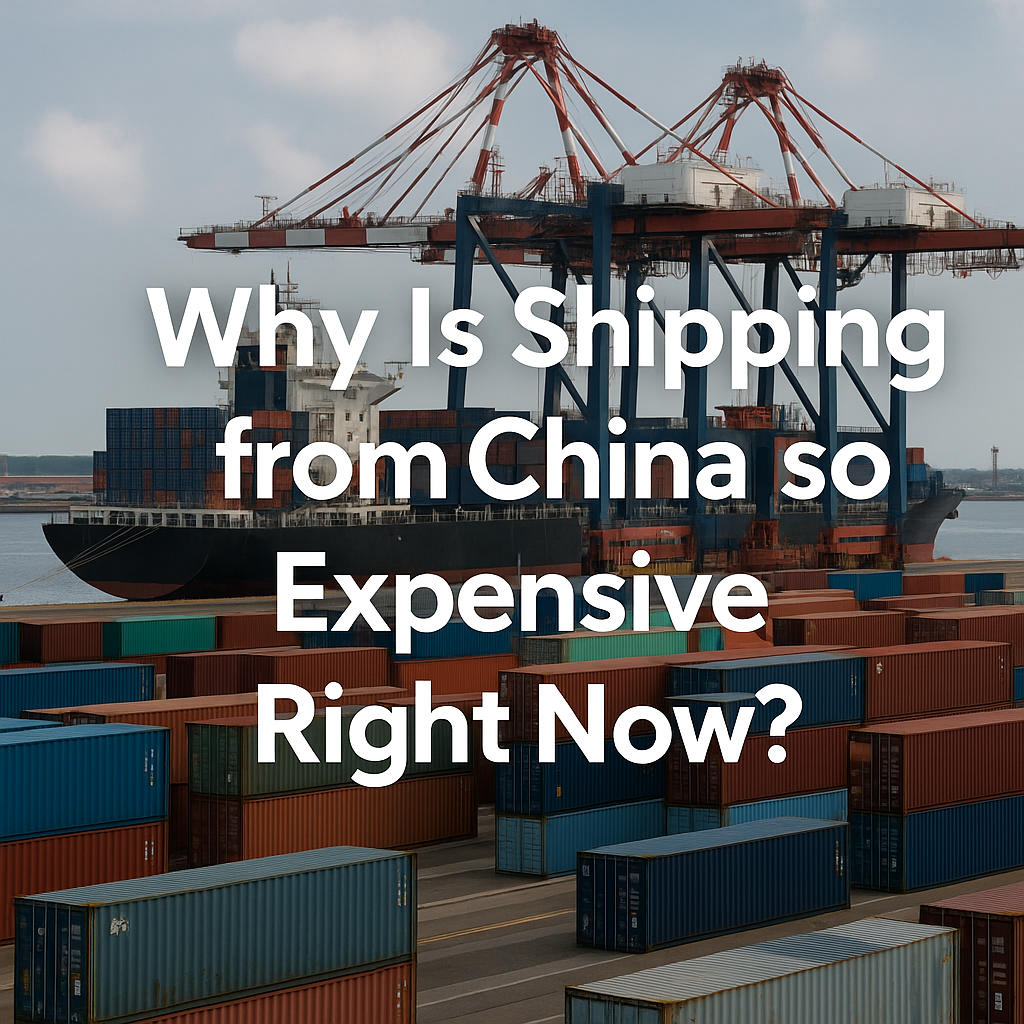 Realistic port scene in China with container ships, cranes, and stacked colorful containers, symbolizing high shipping costs.