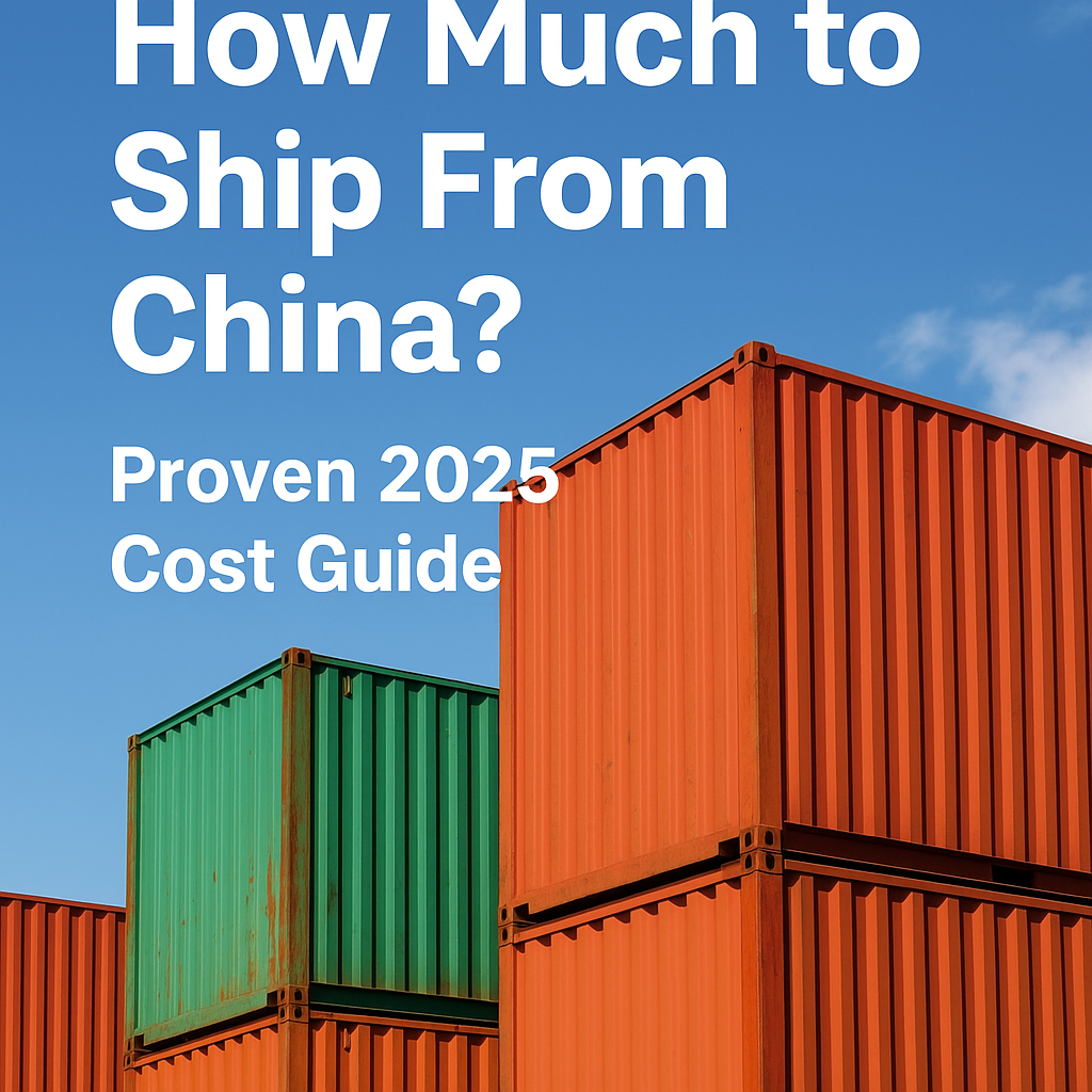 Realistic photo of colorful shipping containers stacked at a port under a blue sky, with overlaid title text “How Much to Ship From China? Proven 2025 Cost Guide”.