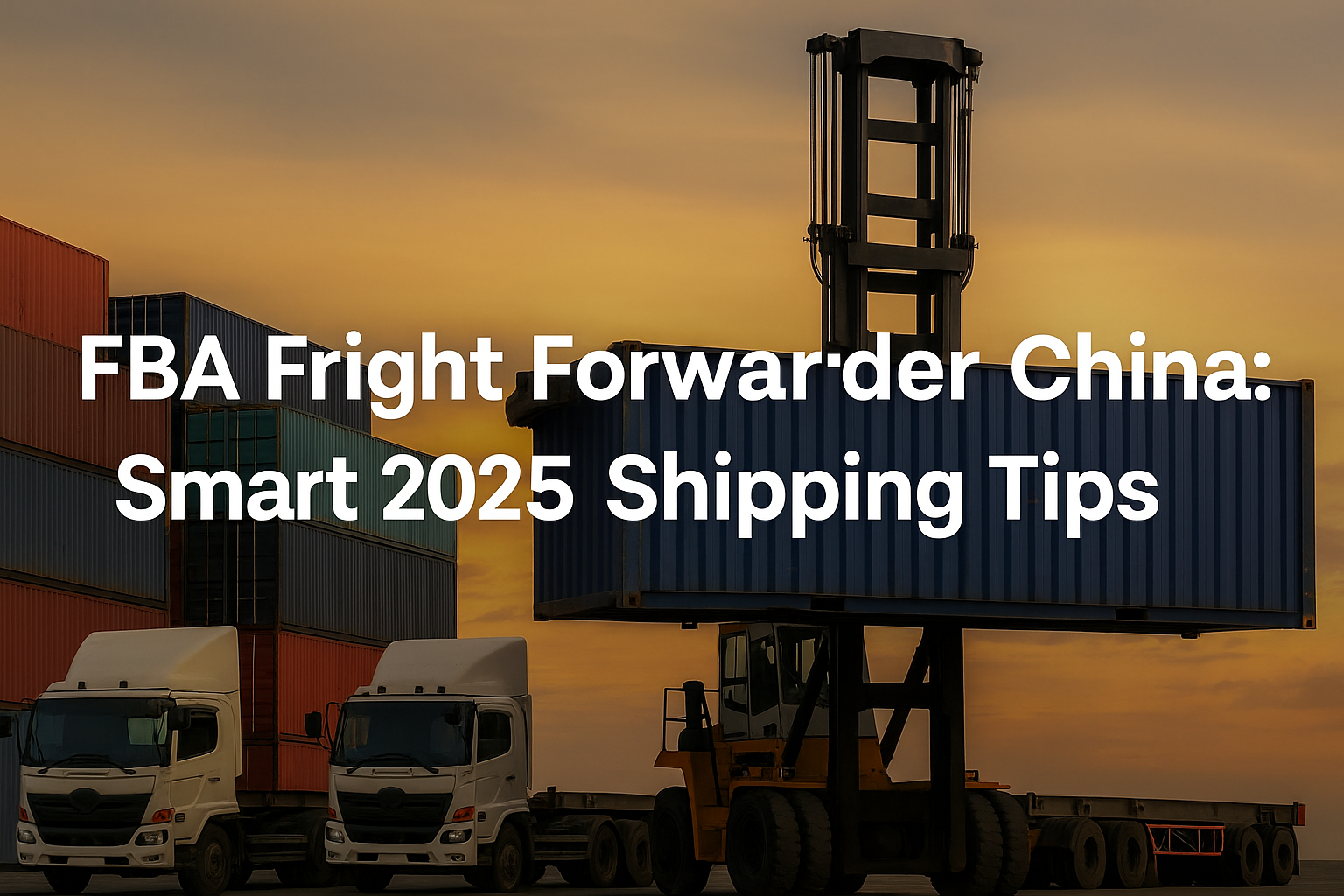 Realistic hero image of FBA freight forwarder China, showing cargo ship, airplane, and trucks near a warehouse under clear sky.