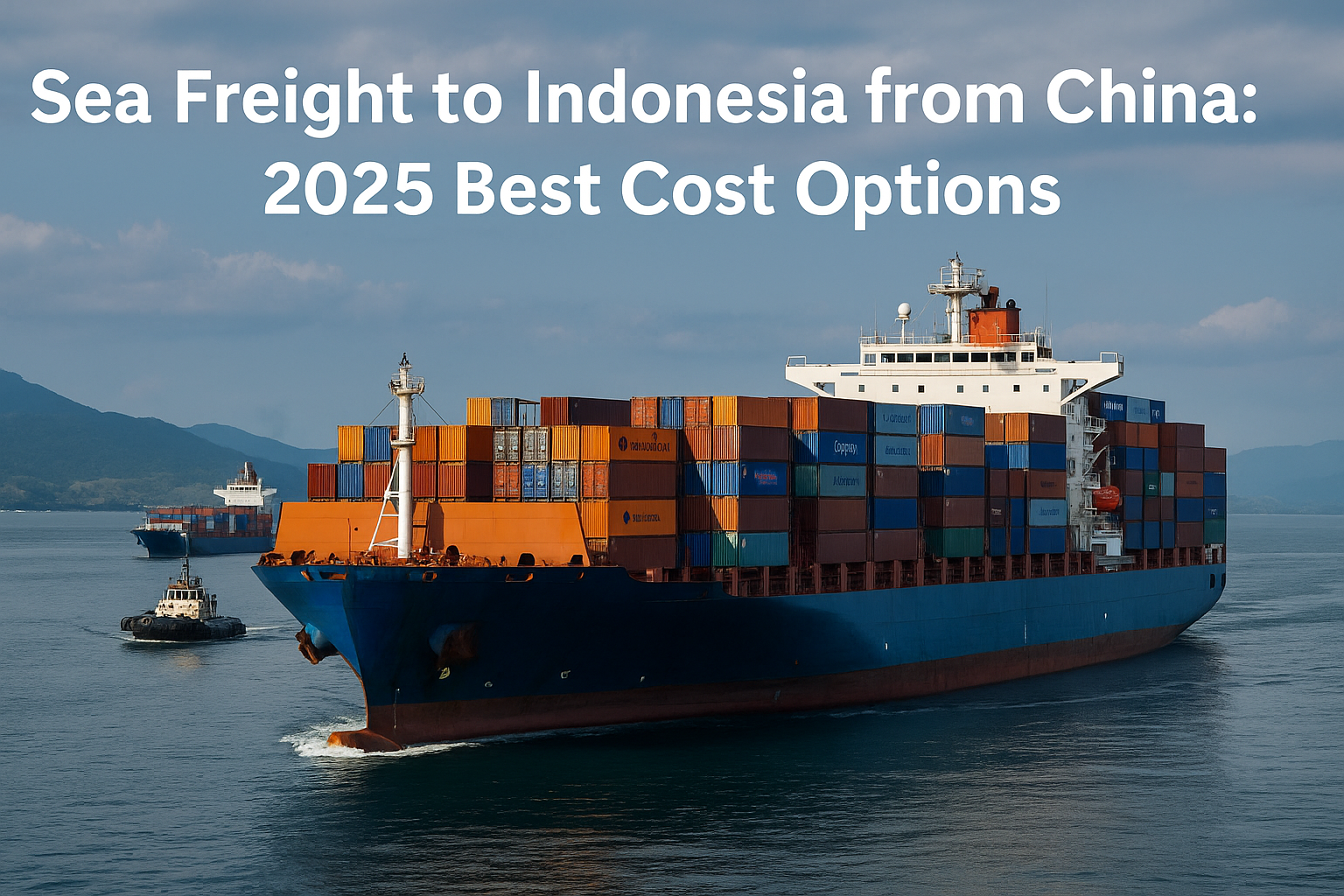 Realistic horizontal hero image of sea freight to Indonesia from China, showing large container ship at sea with stacked colorful containers.