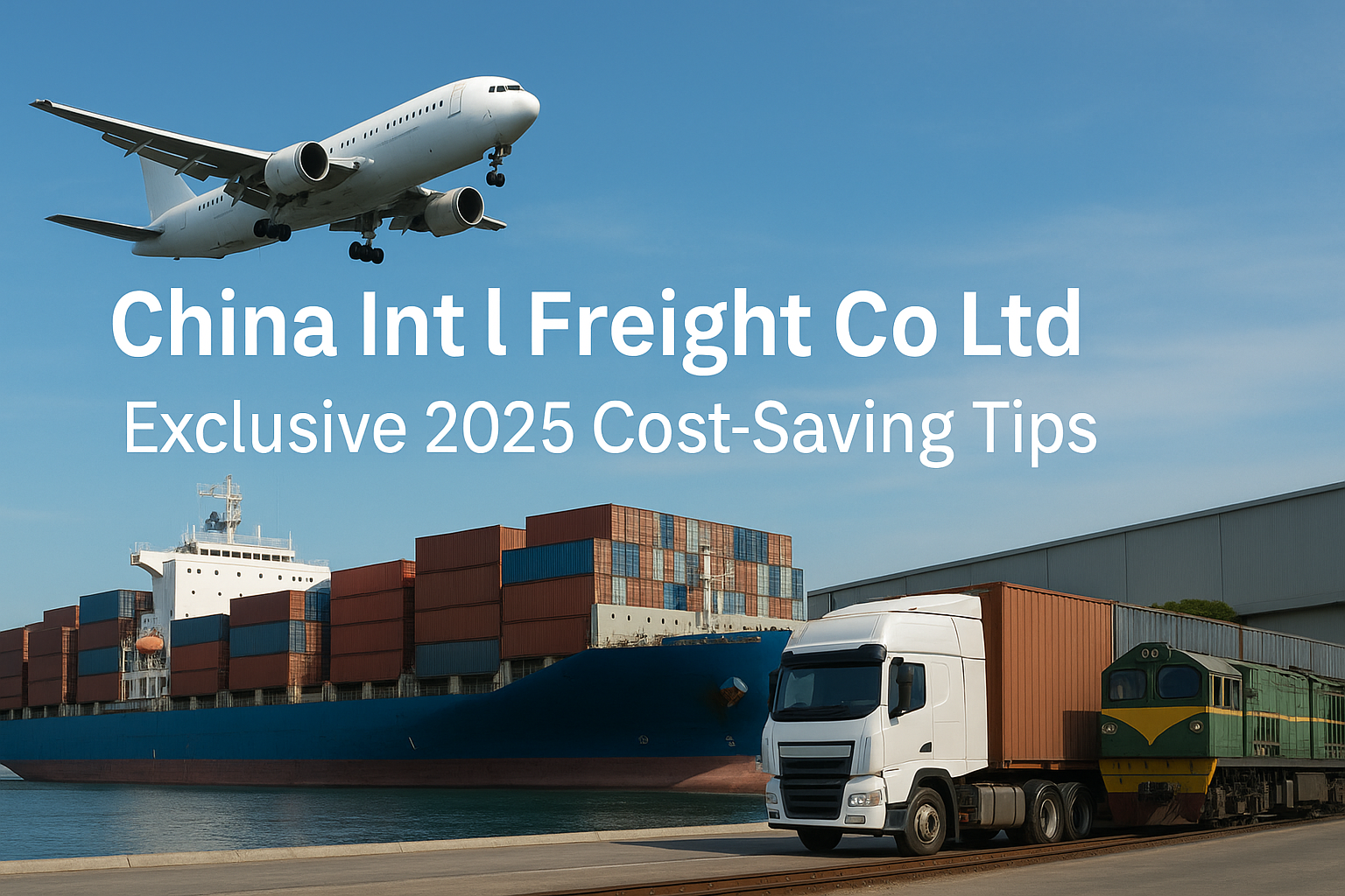 Realistic horizontal hero image of China Int l Freight Co Ltd logistics, showing airplane, cargo ship, truck, and train near a warehouse.
