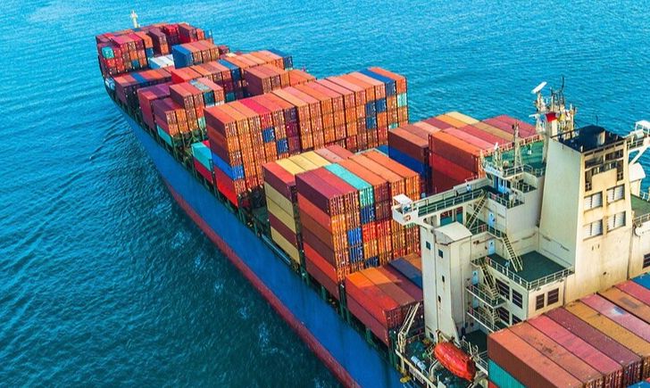 Large container ship transporting goods across the ocean.