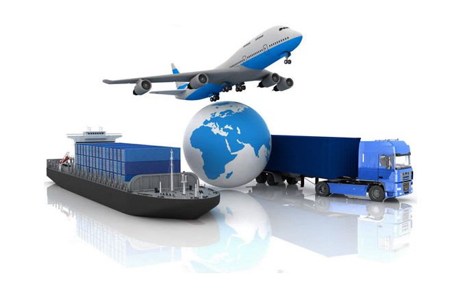 Global freight concept showing cargo ship, airplane, and truck with world globe.