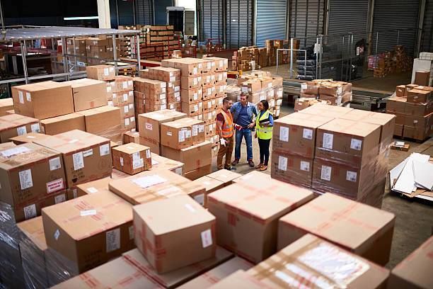 Workers inspecting cargo in a warehouse full of cartons.