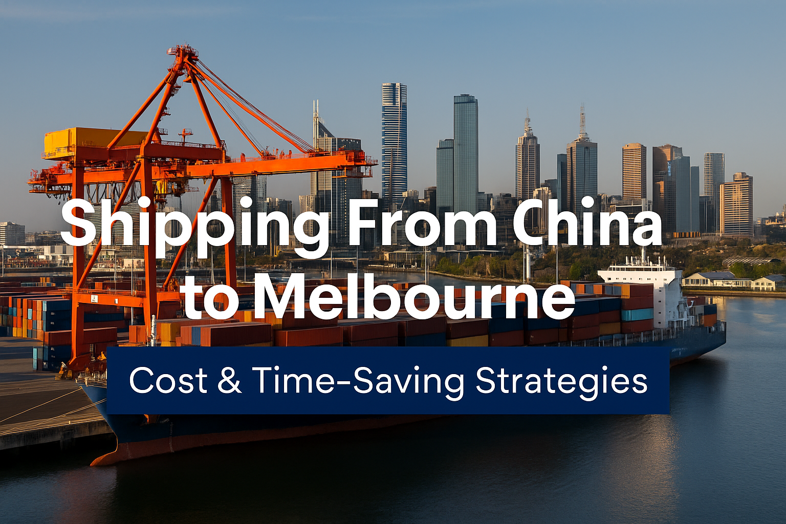 Cargo ship unloading containers at Melbourne port with cranes and trucks under clear sky.