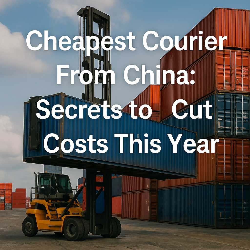 Realistic photo of stacked shipping containers at a busy Chinese port with overlay text “Cheapest Courier From China: Secrets to Cut Costs This Year”.