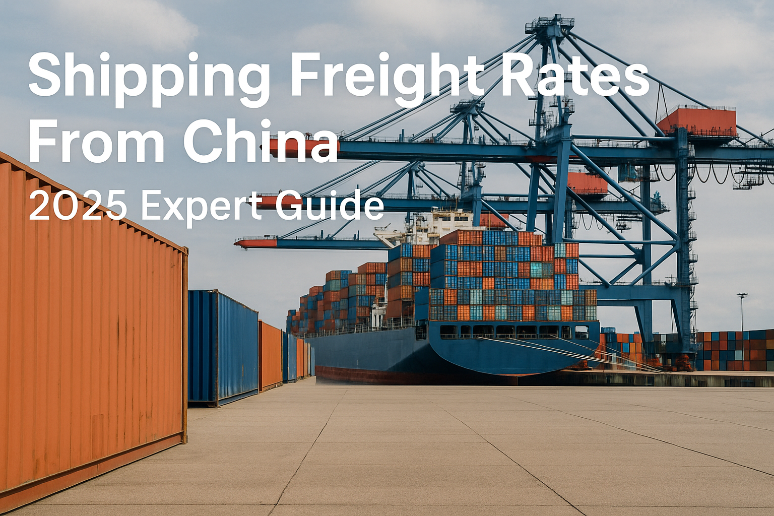 Busy Chinese container port with cargo ships and cranes, representing 2025 freight rates.