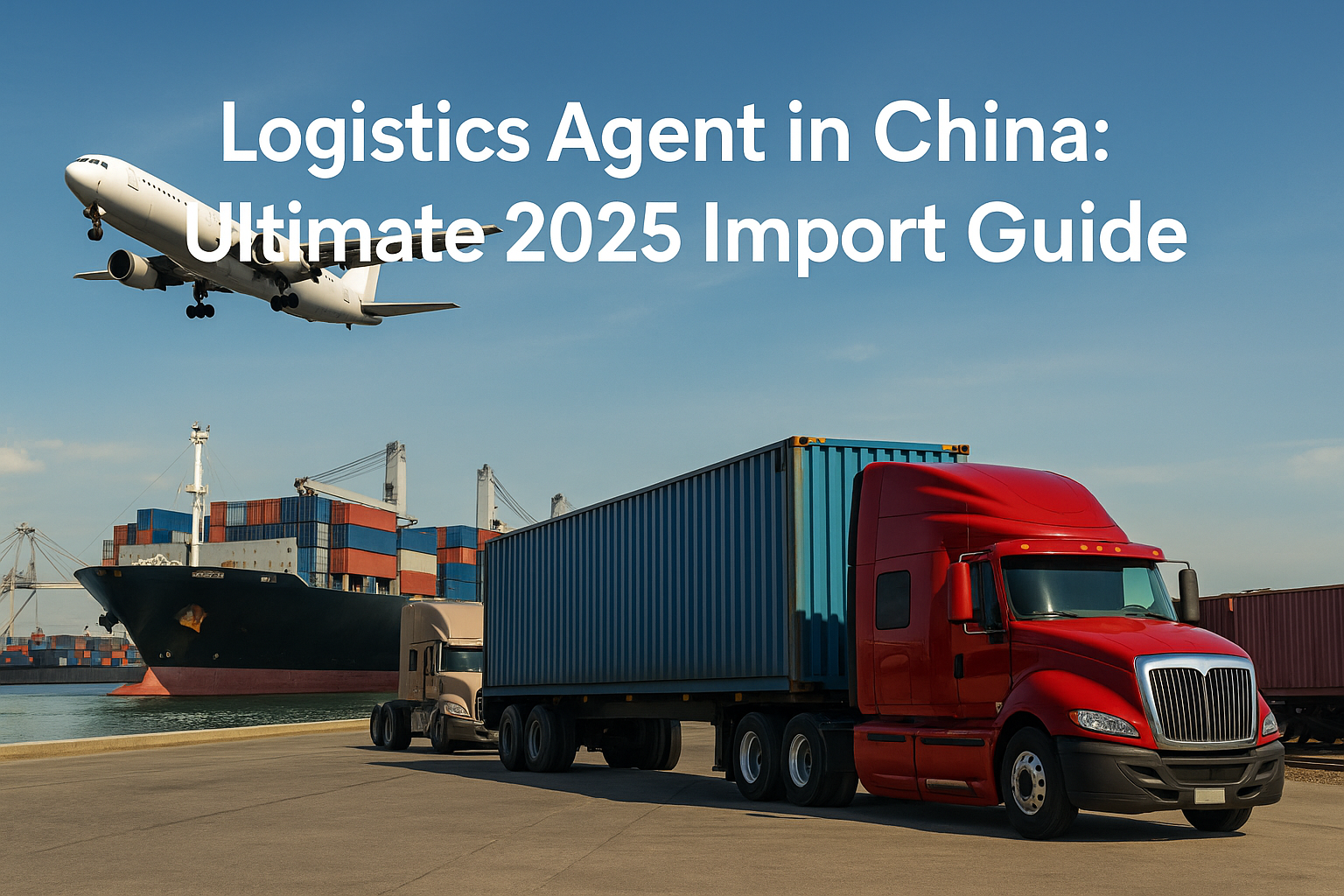 Realistic horizontal hero image of logistics agent in China, showing cargo ship, airplane, trucks, and containers under a bright sky.