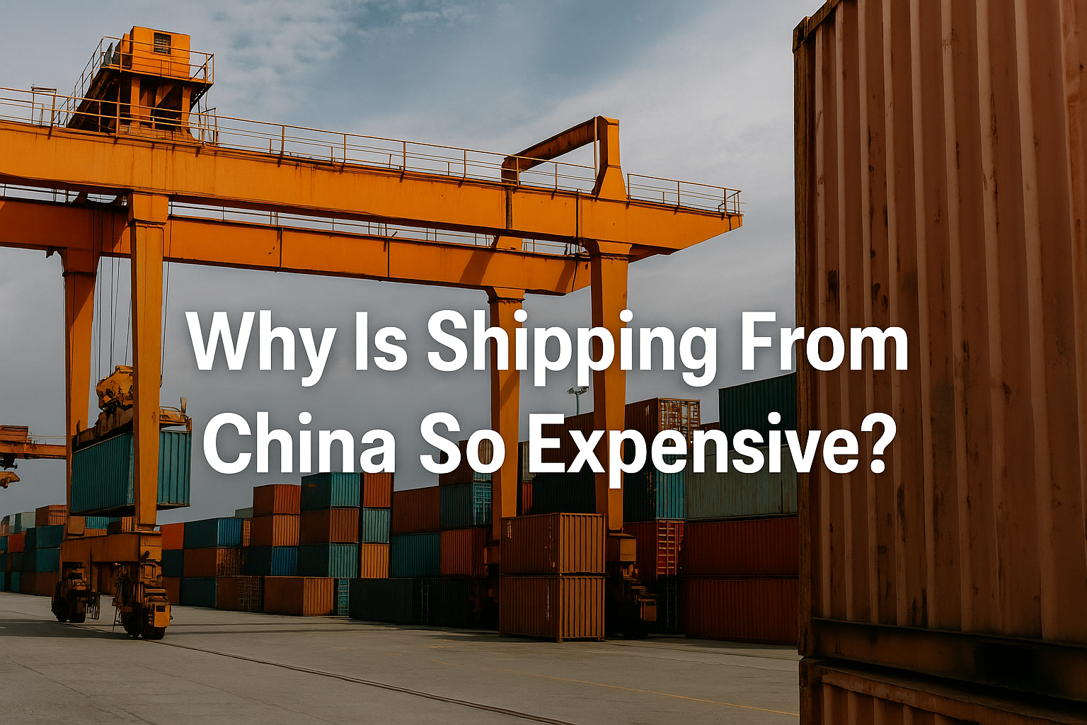 Cargo containers stacked at a busy China port with cranes, symbolizing why shipping from China is expensive due to demand, fuel, and logistics.