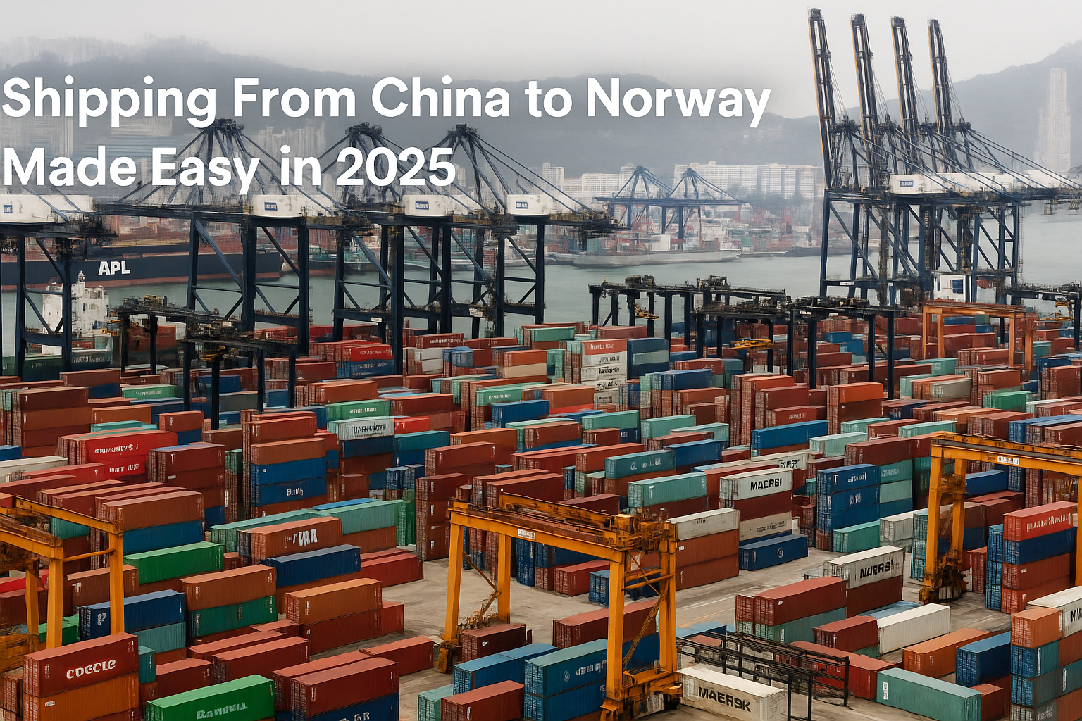 Container ship unloading at Norwegian port with snowy mountains and cranes in background.