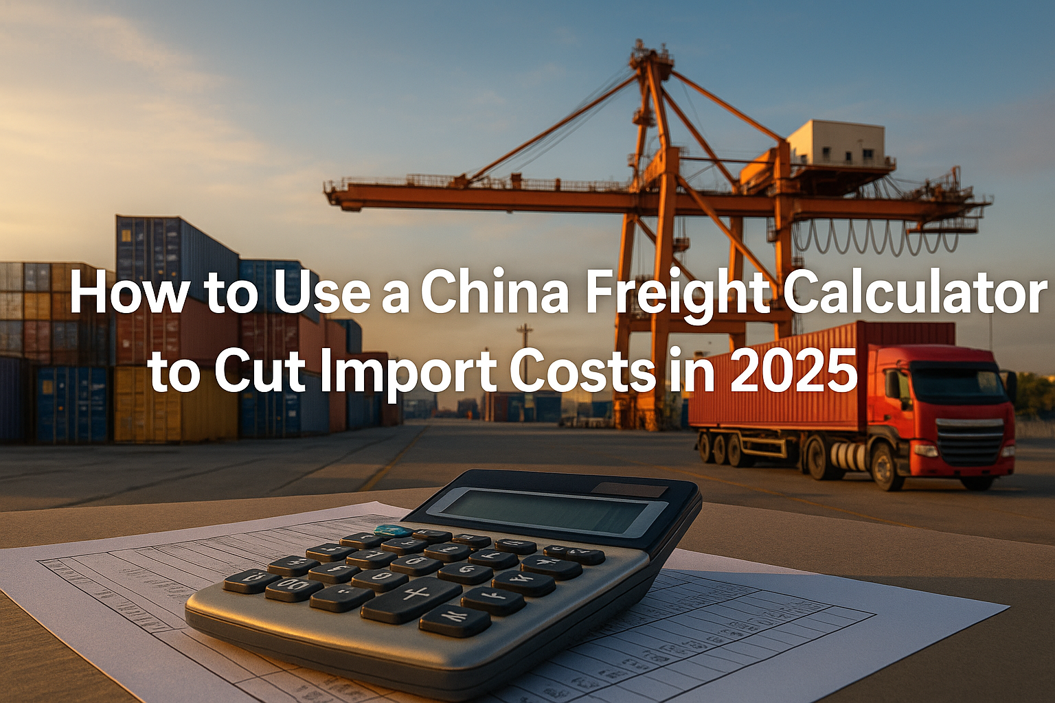 Realistic hero image of China freight calculator concept, showing containers, crane, truck, and calculator under sunset sky.